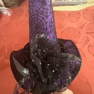 Purple and Black Witch Hat with Spider Web Design
